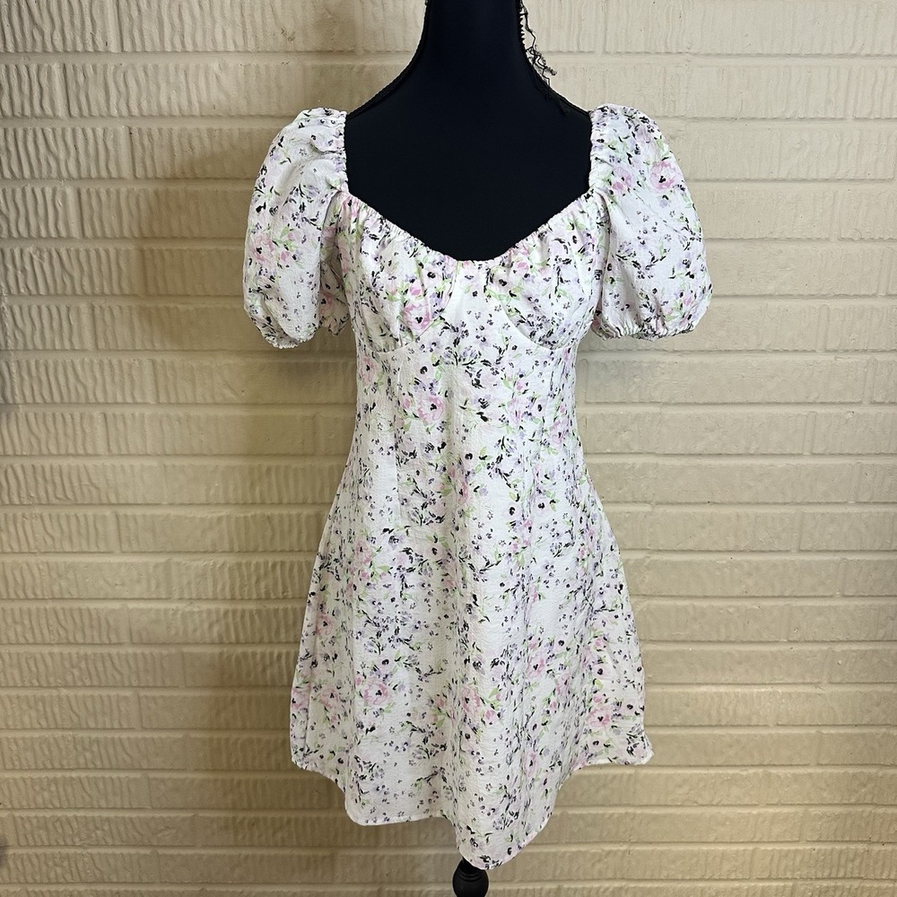 NWT Divided H&M Floral Puff Sleeve Dress Spring Sz M V Neck Fairycore Preppy